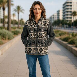 Vintage G4000 Womens Medium Gray Deer Winter Full Zip Up Fleece Sweater Jacket